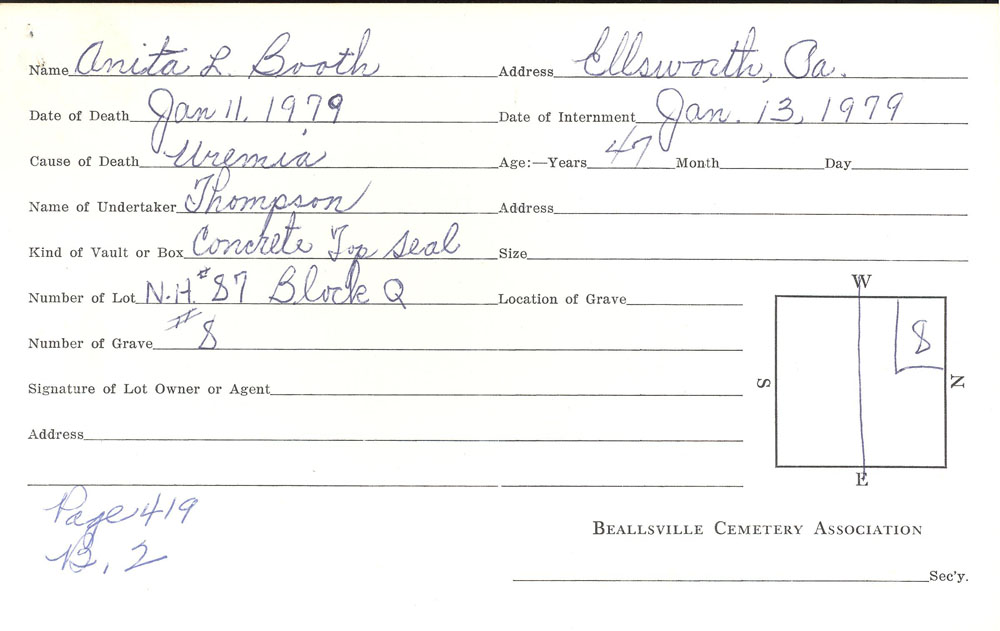 Anita L. Booth burial card